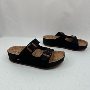 Boaonda Women Double Buckle Slide Black Leather Slip-on Sandal Cork Footbed US 7